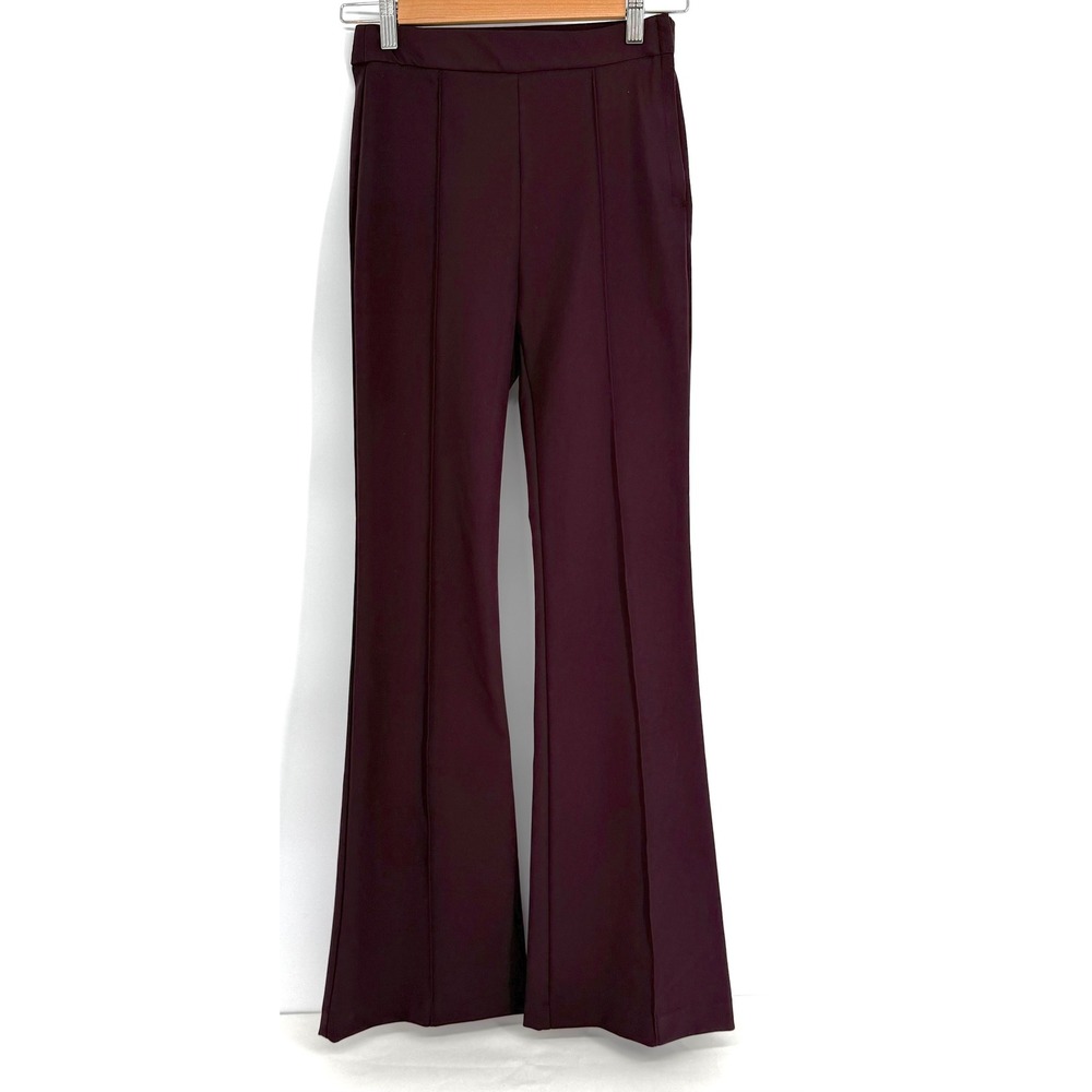 HM Womens Burgundy Flared Pintuck Seam Pull On Trousers Pants Sz 2 High Rise